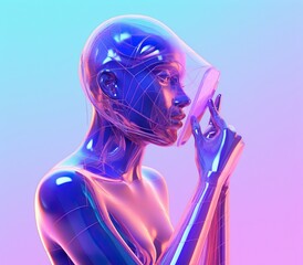 Futuristic robot female head, obsession with technology and mobile phones concept. Generated AI.