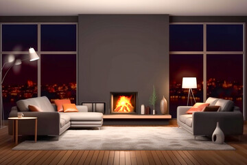 Obraz premium Modern interior design of the living room with fireplace. Super photo realistic background, generative ai illustration 