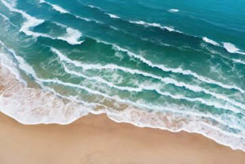 Fototapeta na wymiar Aerial top down view of beach and sea with blue water, Ocean waves on the beach, Beautiful natural summer vacation. Generative AI.