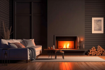 Modern interior design of the living room with fireplace. Super photo realistic background, generative ai illustration	