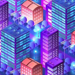 City future smart urban Isometric night lights architecture 3D illustration technology town street with a lot of building houses