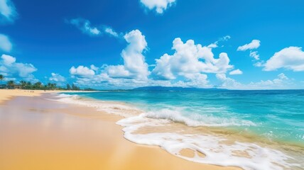 Closeup sea sand beach. Panoramic beach landscape. Inspiringtropical beach seascape. Blue sky calmness tranquil relaxing sunlight summer mood. Vacation travel holiday banner. © Kirill