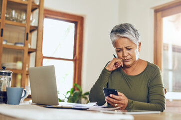 Senior woman, phone budget planning and health insurance checklist at home. Writing, contract and...