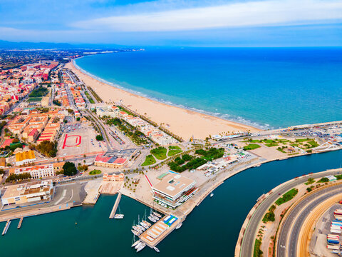 Valencia city beach aerial panoramic view, Spain