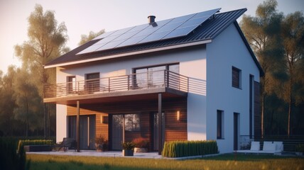 Modern two-story cottage with a spacious terrace and solar panels on the roof. Neat lawn in front of the house. Soft sunset light. The concept of smart home and alternative energy. Generative AI