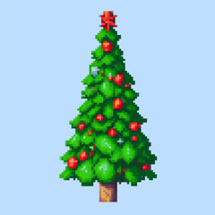 Christmas pixel art New Year tree spruce with gifts and decoration. Illustration in pixel 8-bit art style