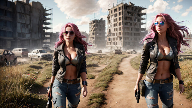 A beautiful woman with a sexy body with pink hair in a post-apocalyptic world. Beautiful portrait of a woman with colorful hair. Generative AI