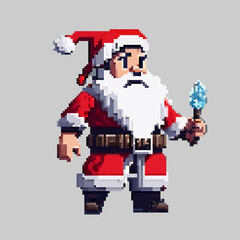 Christmas pixel art Santa Claus in a festive costume came to the holiday to congratulate children and adults with gifts. Illustration in pixel art 8-bit style