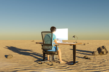 Fototapeta na wymiar man sitting at pc office workplace in desert environment; workload stress burnout concept; 3D Illustration