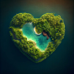 Green marine and isolated heart shaped tropical island viewed from above or from an airplane. Generative AI