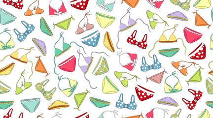 Swimsuit background. Bikini swimming suits pattern. Female swimwear, beach clothing underwear. Textile, fabric texture. Many types swimsuits. Female  swimwear, beach clothing underwear, swimming suits