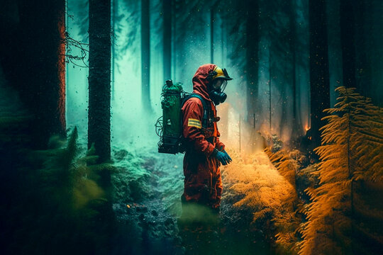 Firefighters put out a fire in the forest, Ai generative