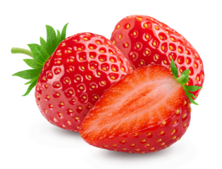 Strawberries isolated. Ripe sweet strawberries and half a berry on a white background.