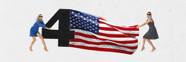 Obraz premium Contemporary art collage with two beautiful women celebrating, holding waving american national flag isolated over white background. Banner