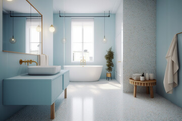 Naklejka na ściany i meble Modern cozy bathroom, classic clean interior design with blue, white and beige colors. Super photo realistic background, generative ai illustration