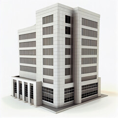 Three-dimensional model or layout of a multi-storey office building, on an isolated light background. Generative AI