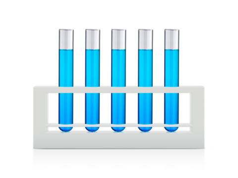 Blue liquids in test tubes, transparent background