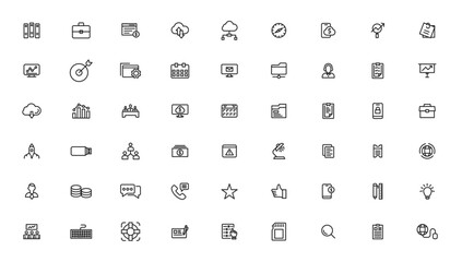 Vector business and finance editable stroke line icon set with money, bank, check, law, auction, exchance, payment, wallet, deposit, piggy, calculator, web and more isolated outline thin symbol