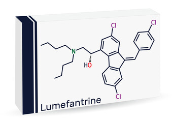 Lumefantrine, benflumetol molecule. It is used for the treatment of malaria. Skeletal chemical formula. Paper packaging for drugs