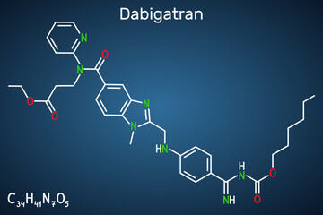 Dabigatran molecule. It is anticoagulant medication. Structural chemical formula on the dark blue background.