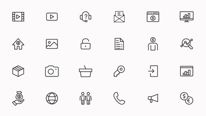 Vector business and finance editable stroke line icon set with money, bank, check, law, auction, exchance, payment, wallet, deposit, piggy, calculator, web and more isolated outline thin symbol