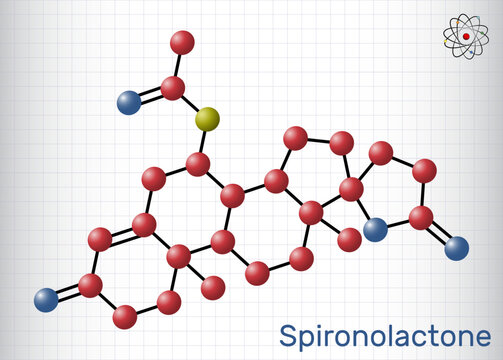 Spironolactone molecule. It is aldosterone receptor antagonist used for the treatment of hypertension, hyperaldosteronism, edema. Structural chemical formula, molecule model. Sheet of paper in a cage.