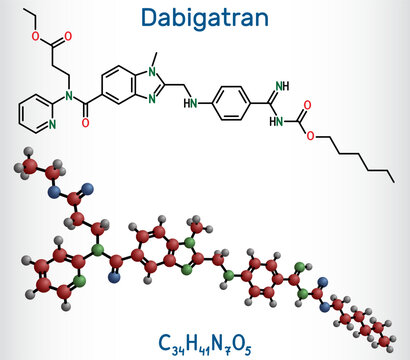 Dabigatran molecule. It is anticoagulant medication. Structural chemical formula and molecule model.