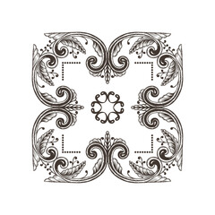 Hand Drawn Vintage damask ornamental element for design. Baroque square ornament. Retro Elegant abstract floral pattern border in antique style. Decorative foliage swirl edging design element.