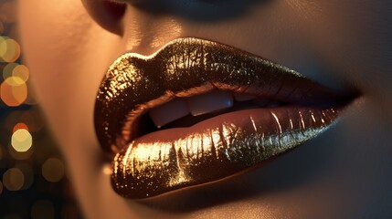 close up of a woman lips with lipstick, A close-up of a woman's lips, painted with a shimmering metallic hue that reflects the surrounding city lights, Generative AI