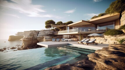 Fototapeta premium A luxury seafront cliffside villa, Natural light, hotel swimming pool, Generative AI