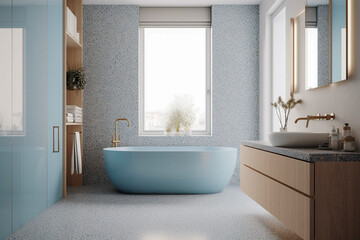 Fototapeta na wymiar Modern cozy bathroom, classic clean interior design with blue, white and beige colors. Super photo realistic background, generative ai illustration