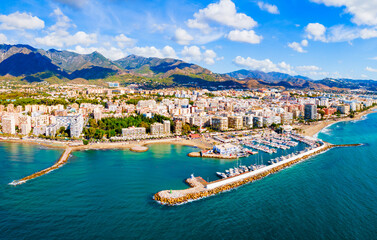 Marbella city port and beach aerial panoramic view - 604030708