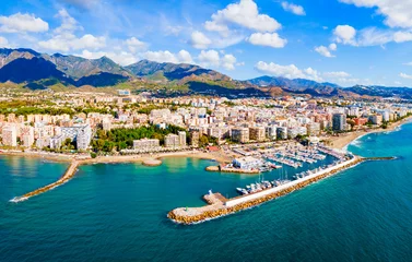 Gordijnen Marbella city port and beach aerial panoramic view © saiko3p