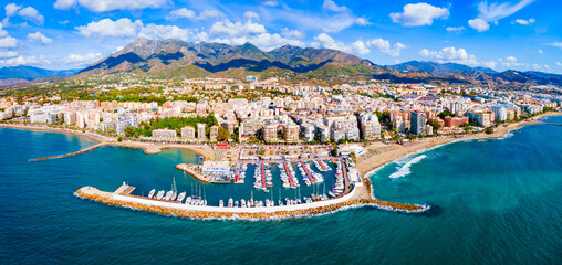 Marbella city port and beach aerial panoramic view - obrazy, fototapety, plakaty