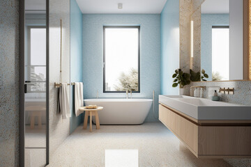 Modern cozy bathroom, classic clean interior design with blue, white and beige colors. Super photo realistic background, generative ai illustration