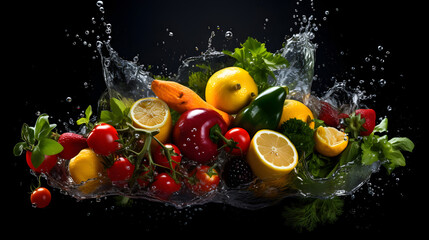 fruit and vegetables in water splash