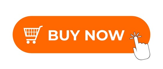 Buy now orange button with hand cursor. Pointer hand button clicking. Isolated button click. Online shopping. Isolated on a white background.