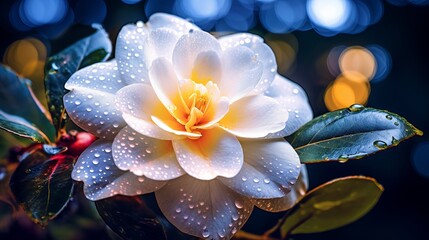 a large area of white camellia is blooming brilliantly. There are water drops on the petals of camellia, bright colors, starry sky, moon, Generative AI