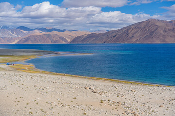 Beautiful Pangong Tso Lake with clear blue sky in Ladakh, North India