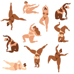 Set of attractive plus-size models in swimming suits doing yoga postures. Vector illustration. Body positive.