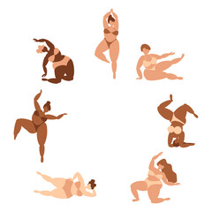 Attractive plus-size models in swimming suits doing yoga classes. Vector illustration isolated on white. Comfort brown colors.