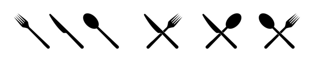 Cutlery vector icon set. Silhouette of cutlery. Fork, spoon and knife. Vector 10 Eps.