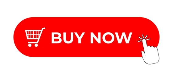 Buy now red button with hand cursor. Pointer hand button clicking. Isolated button click. Online shopping. Isolated on a white background.
