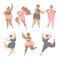 Fototapeta premium Happy plus-size woman in sportswear. Attractive overweight models wearing Yoga pants, sport jumpsuit, and fitness clothes. A vector isolated illustration.
