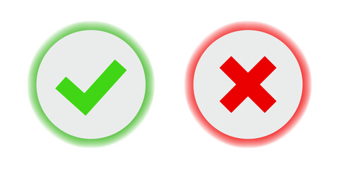 Green check mark and red cross mark buttons.  Vector yes and no check marks on circles.  Flat vector icon. 