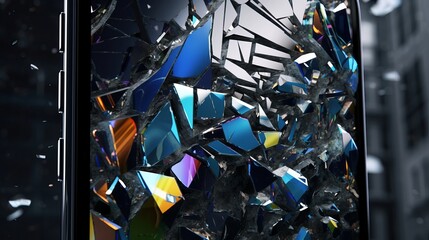 Close-up shard, Full screen mirror, peeling like led paint, Android reflecting in each peeling section, background of a light, Generative AI