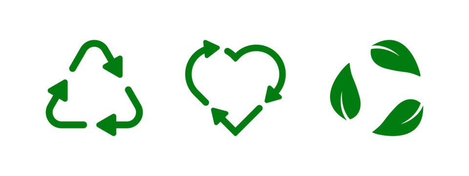 Green recycling signs vector.  Arrows, heart and leaf recycle eco green symbol. Rounded angles. Vector illustration. 