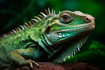 Fototapeta premium Beautiful green iguana close-up on green leaves background, wildlife. Generative AI