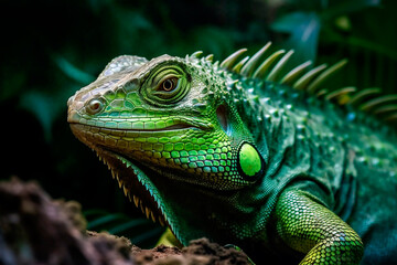 Beautiful green cute iguana close-up on green leaves background, wildlife. Generative AI