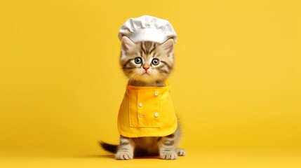cute kitten with yellow apron, closeup shot full body, plain yellow background, realistic, wallpaper, Generative AI